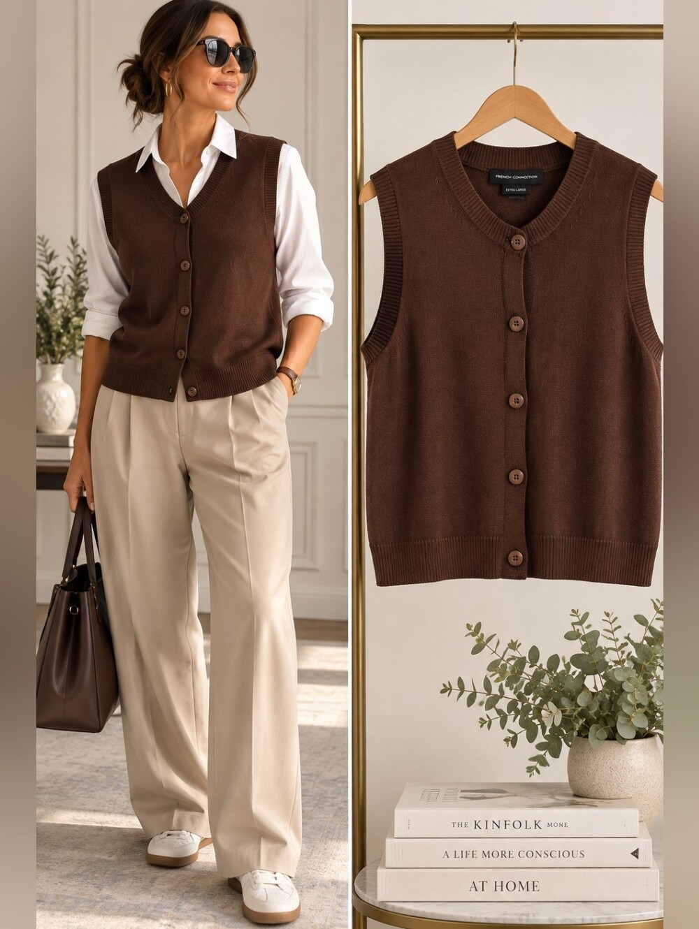 French Connection Brown Knit Vest XL 100% Cotton Button Front Sleeveless Preppy